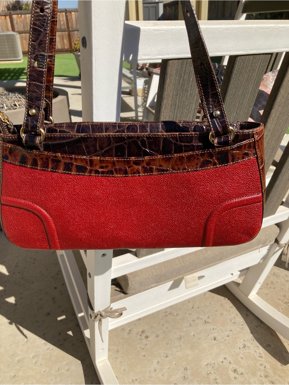 Brahmin Red Shoulder Bag w/Brown Leather Croc-Embossed Trim - Picture 5 of 13